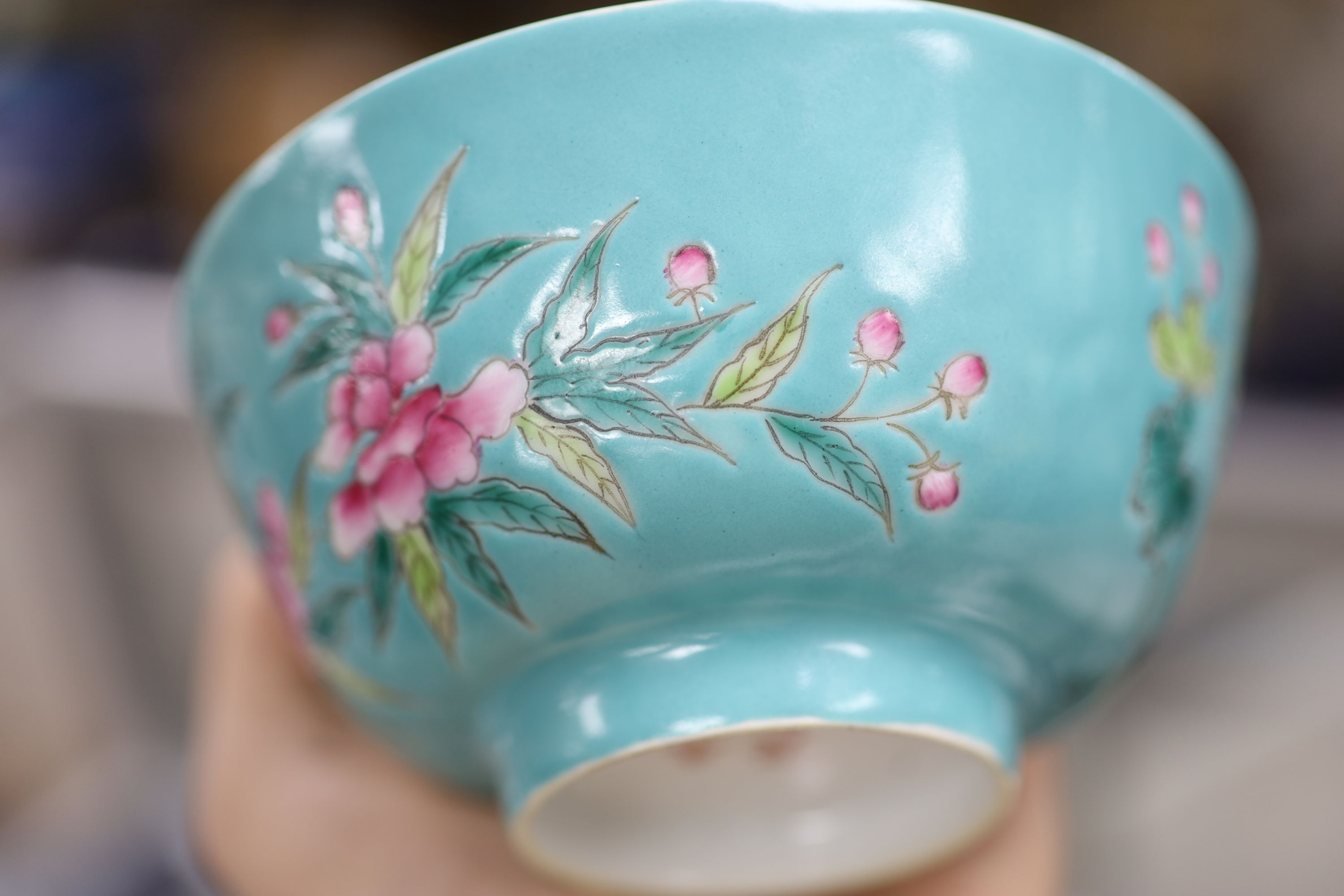 A pair of Chinese turquoise ground bowls, diameter 12cm